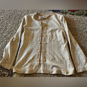 Leslie Fay Vintage Cream And White Metallic Zebra Print Top